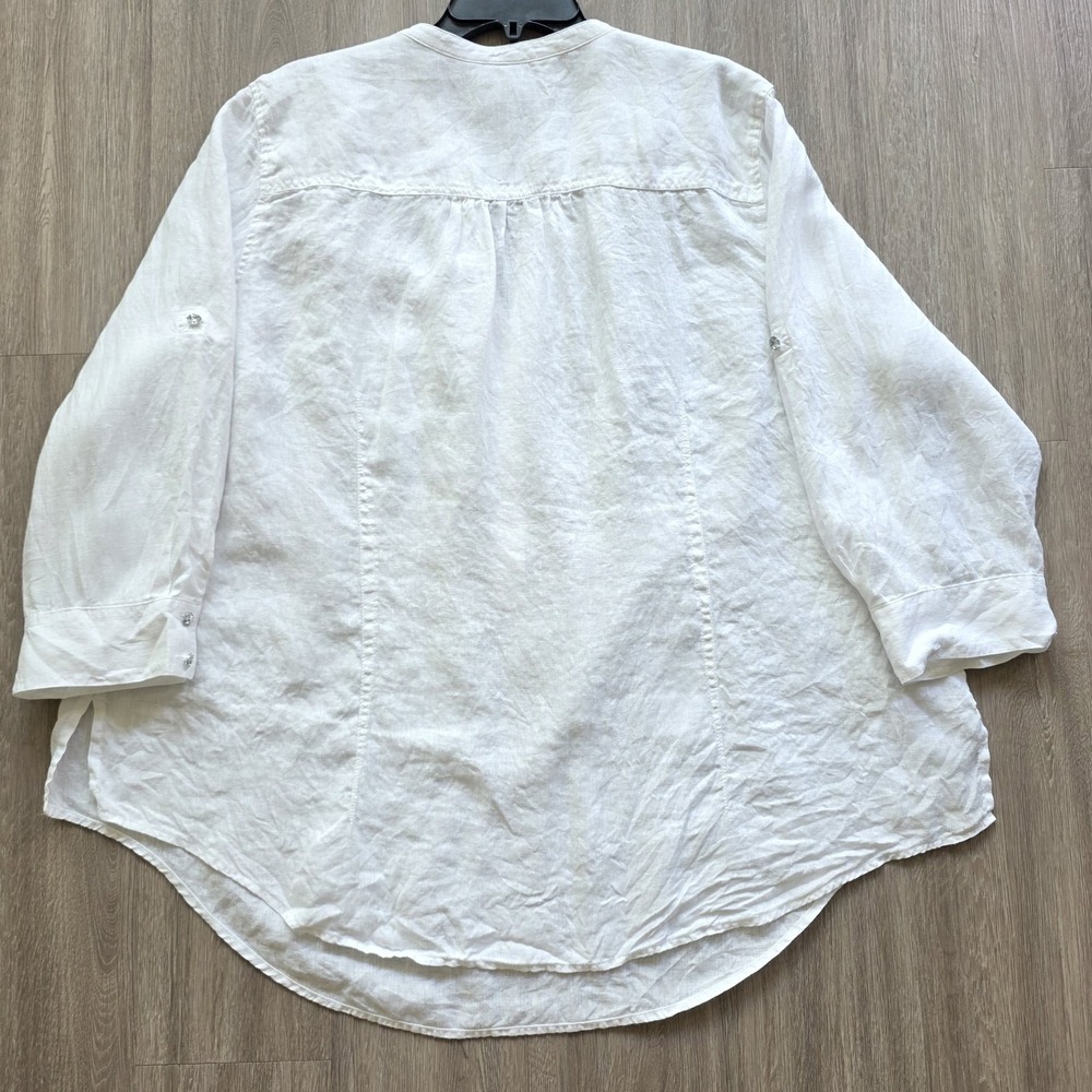 INC Linen Blouse 22W White 3/4 Sleeve Roll Tab Lightweight Top - Picture 3 of 16